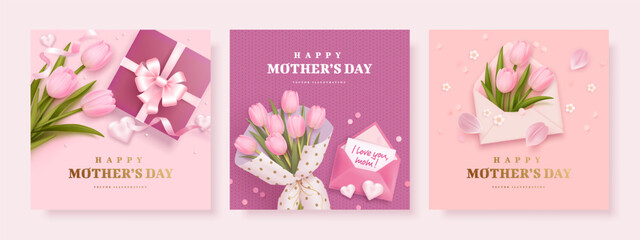 Mother's day greeting square background set with 3d tulips. gift box, envelope and golden text. Vector illustration for poster, card, promotional materials, website