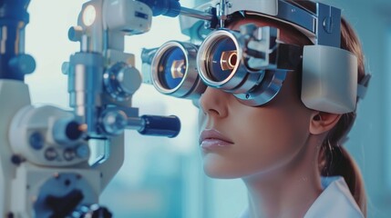 Female doctor is measuring eyesight with a futuristic optician