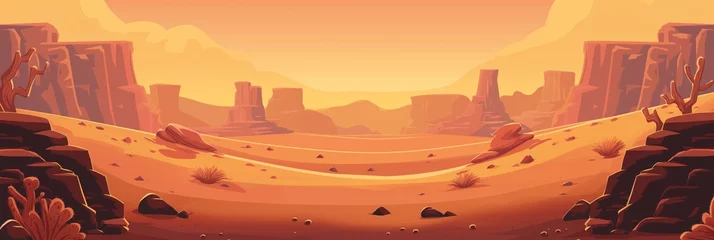 Raamstickers Stylized cartoon depiction of a vast desert landscape under a dusky orange sky © gunzexx