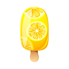 Lemon ice cream, fruit popsicle on a wooden stick with lemon pieces. Summer cold dessert, frozen juice, fruit ice. Vector illustration.