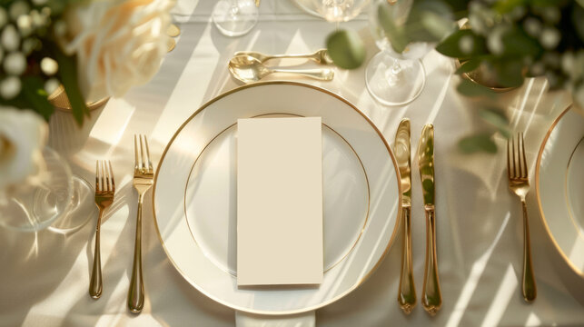 Card mockup on table place setting neutral gray color linen tablecloth background top view. Space for text. Sheet card