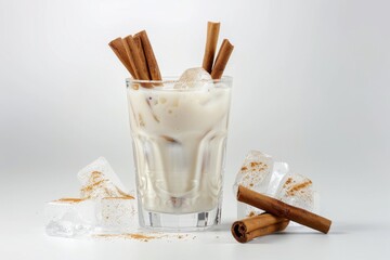 A refreshing glass of horchata, garnished with cinnamon sticks and ice cubes, a traditional Mexican rice milk drink. - obrazy, fototapety, plakaty