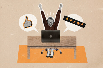 Composite photo collage of happy pretty businesswoman receive five stars rate feedback thumb up...
