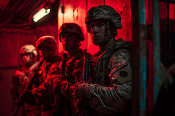 Obraz premium Soldiers detachment large-scale army exercise to defend the enemy