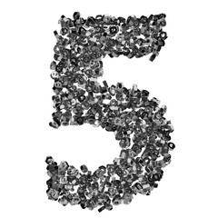 The number 5 is created using steel threaded nuts, 3D render