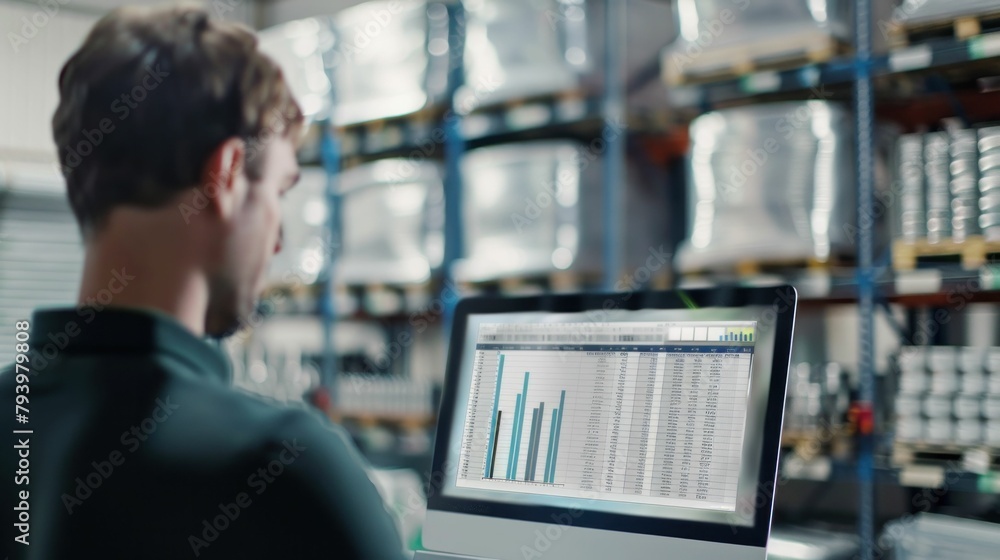 Poster man working on laptop in warehouse with bar chart displayed on screen, modern technology in industri