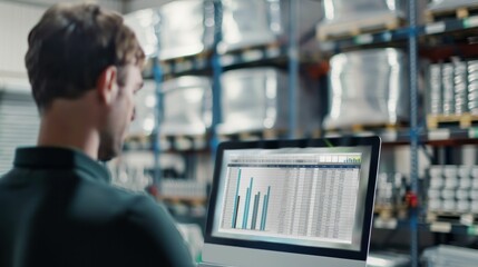 Man working on laptop in warehouse with bar chart displayed on screen, modern technology in industrial setting concept