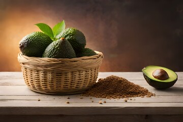 Basket with avocados on a table and around the basket isolated and cut avocados