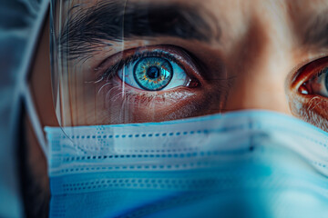 The face of a male doctor with blue eyes in close-up, a man wearing a medical mask and protective goggles  - Powered by Adobe