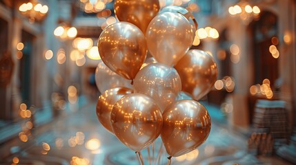 A photo featuring a cluster of shiny golden balloons in a classic, ornate hallway, expressing a luxurious celebratory theme, suitable for upscale event promotions or elegant party invitations