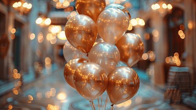 A photo featuring a cluster of shiny golden balloons in a classic, ornate hallway, expressing a luxurious celebratory theme, suitable for upscale event promotions or elegant party invitations