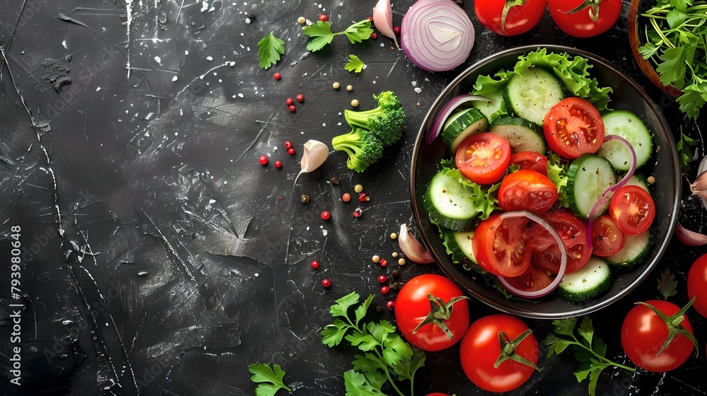 Poster Fresh salad ingredients displayed on a dark background, healthy eating concept. Colorful vegetables for a nutritious meal. Raw food preparation scene. AI