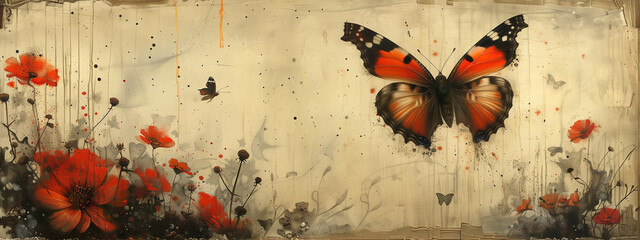 An artful blend of realism and abstraction: a butterfly dances with vibrant flowers, watercolor painting style.