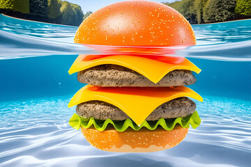 Double cheeseburger swims in the blue water of the pool. Eating in a cafe by the pool in the hotel during your vacation