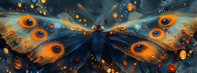 A breathtaking butterfly adorned in vibrant orange and dark blue hues, its delicate wings shimmering. Fractal pattern..