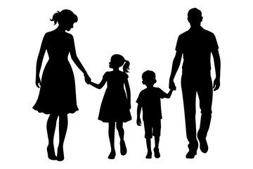 Silhouette of a man and woman with a children isolated on a white background. Father and mother are holding the hand of their little son and daughter. International Family Day