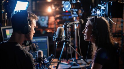 A series of images capturing the dynamic interaction between a female radio host and her male guest, as they discuss a range of topics in front of microphones and surrounded by professional 