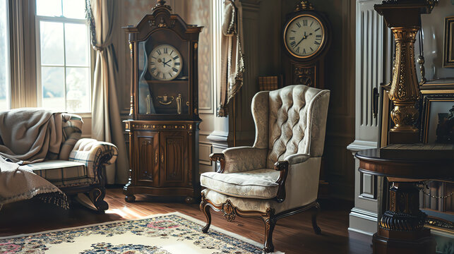 Vintage grandfather clock in a classic living room setting, its intricate wood carvings and pendulum showcasing traditional craftsmanship.