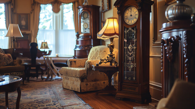 Vintage grandfather clock in a classic living room setting, its intricate wood carvings and pendulum showcasing traditional craftsmanship.