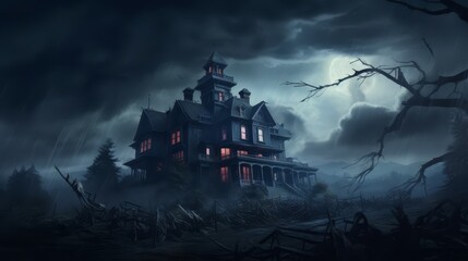 Haunted mansion on a hill with ghosts visible through the windows, in a storm, in photorealistic style