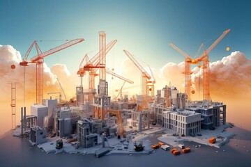 3D illustration of a bustling construction site with cranes and a modern factory, set against a soft gradient background, highlighting industrial progress