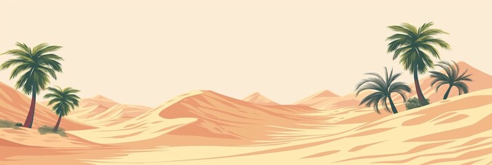 Fototapeta na wymiar A panoramic illustration showcasing a vast desert expanse with towering palm trees and undulating sand dunes