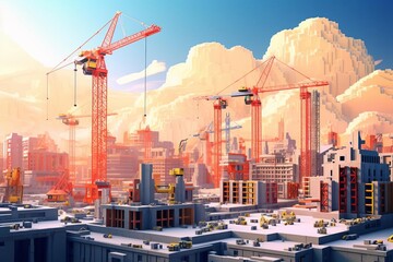 3D illustration of a bustling construction site with cranes and a modern factory, set against a soft gradient background, highlighting industrial progress