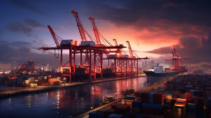 Obraz premium 3D artwork of a factory landscape with cranes in operation, enhanced by a dramatic gradient background to highlight the industrial activity