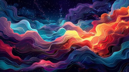 Digital art of colorful undulating abstract waves with a cosmic backdrop. - obrazy, fototapety, plakaty