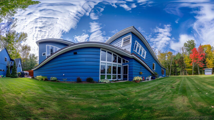 A fisheye lens view of a royal blue house, creating a dramatic curve of the home's fa? section ade against a sprawling lawn. - obrazy, fototapety, plakaty