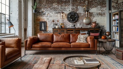 A blend of comfort and style in this loft's three-seater leather sofa with metal details, set against a raw brick wall and paired with trendy urban furnishings