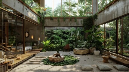 A green oasis inside a home featuring eco-friendly materials, large windows, and a mixture of modern and rustic green furniture, embodying tranquility and sustainability