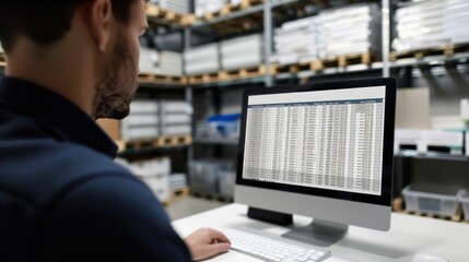 Man working at desk with computer screen showing spreadsheet data analysis in modern office setting