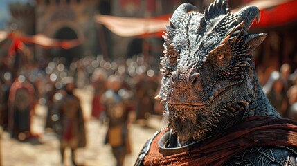 Digital Renaissance fair, holographic knights, dragons, blending history with technology