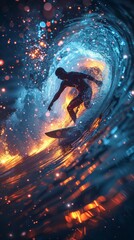 Neon surf competition on a digital ocean, surfers ride glowing waves, cyber audience cheers 