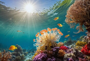 Obraz premium Tropical Sea Life: Exploring the Depths with Fish, Coral, and Jellyfish
