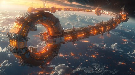 Space habitat ring, living in orbit, panoramic views of Earth, space community - obrazy, fototapety, plakaty