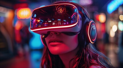Virtual reality arcade, players immersed in fantastical worlds, blending game and reality