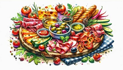 A watercolor painting of Antipasto Misto Italiano, artistically showcasing a selection of Italian appetizers on a platter, emphasizing the variety, vibrant colors 