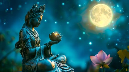 Buddha statue with moon and flowers. - obrazy, fototapety, plakaty
