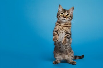 Obraz premium Playful cat on hind legs, curious and alert, against vibrant blue background