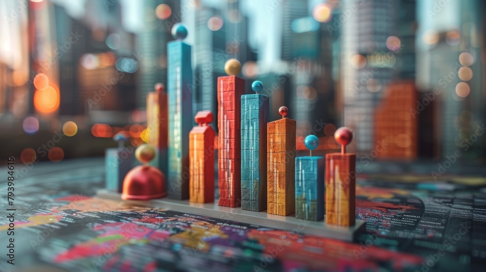 Poster 3d illustration of colorful blocks arranged as a bar graph on a world map with blurred city lights i