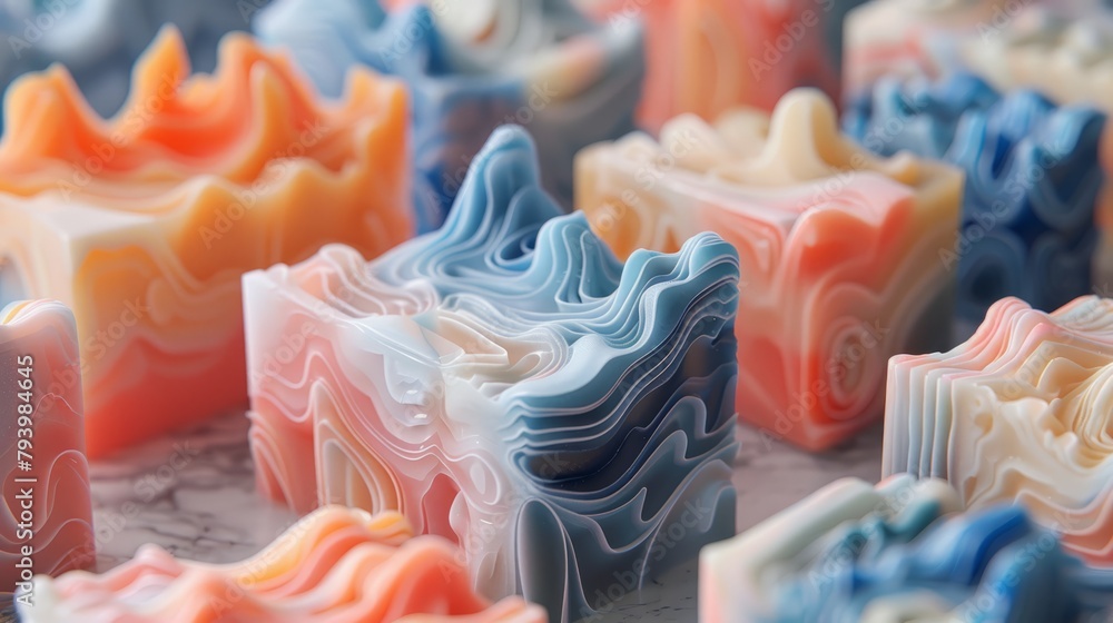 Poster 3d render of a bunch of colorful cubes made out of stacked contour lines