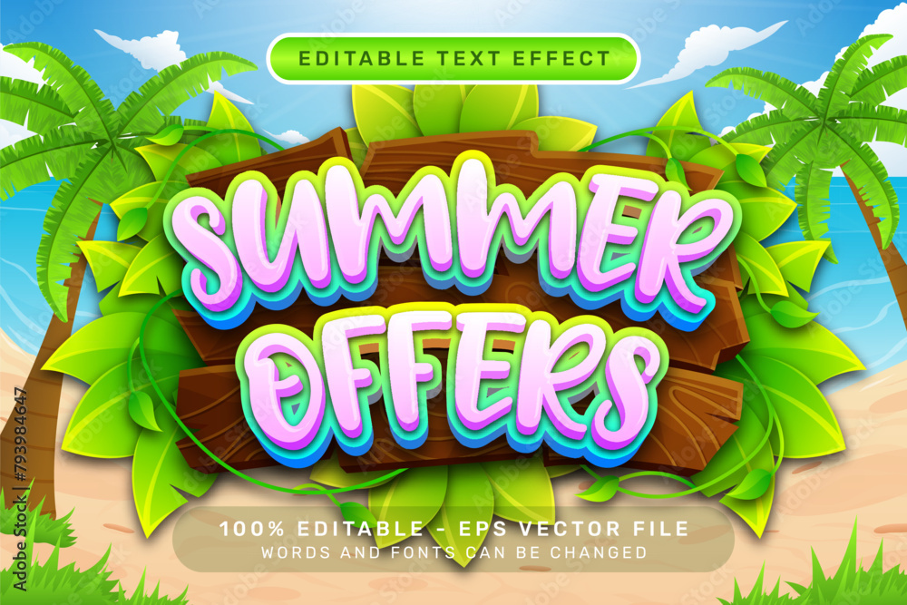 Aufkleber summer offers 3d text effect and editable text effect with a beach background