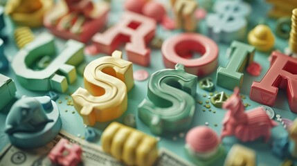 3d render of a bunch of plastic toy letters and symbols in pastel colors