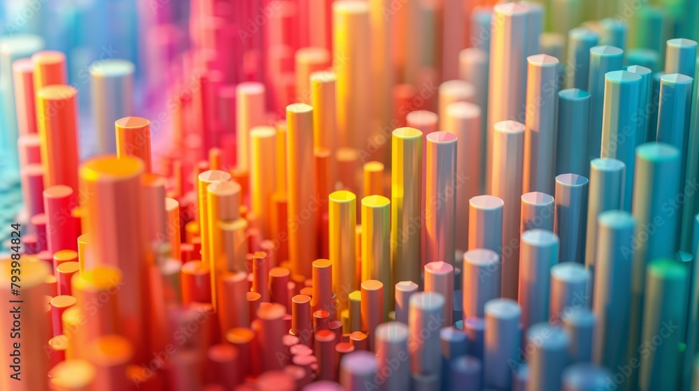 Poster 3d render of a field of randomly sized and colored cylinders