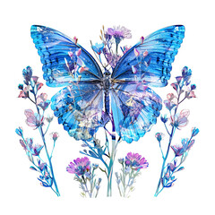 Vibrant Holographic Blue Butterfly and Flowers Clipart isolated on White Background