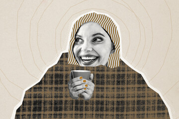 Composite photo collage of funny happy girl hold mug tea cover warm duvet blanket home comfort relax isolated on painted background - obrazy, fototapety, plakaty
