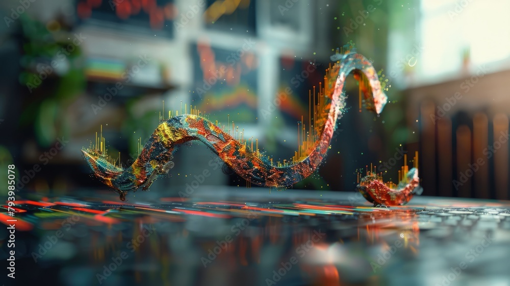 Poster 3d rendering of a glowing multicolored arrow pointing up made of tiny particles floating above a ref