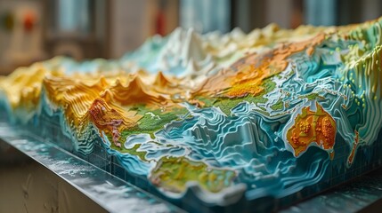 Fototapeta premium A 3D printed topographic map displaying vibrant colors to depict varying elevations and geographical features.